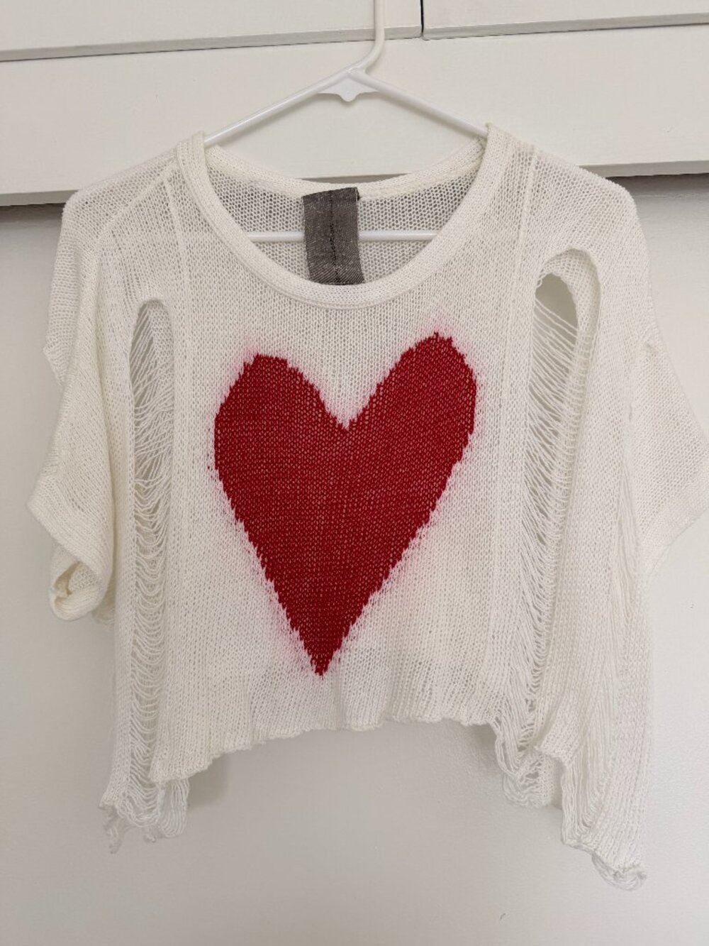 Moon Collection 100% Cotton Distressed Cream Top with Red Heart